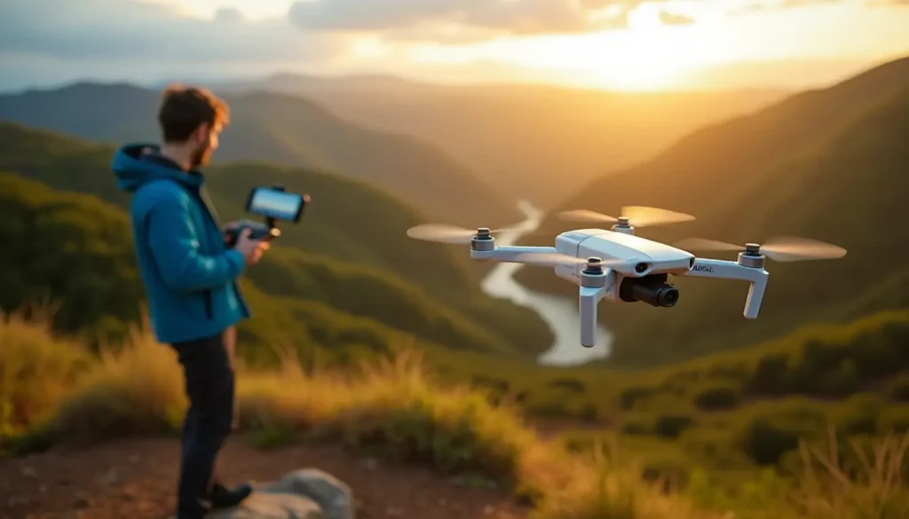 A person controlling a DJI Mini 2 drone with a scenic mountain landscape in the background at sunset.