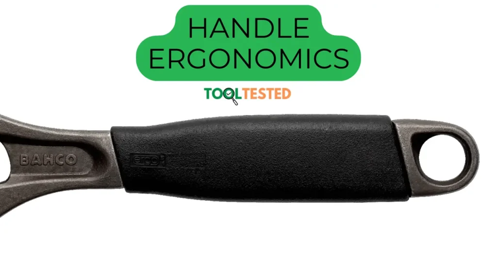 Close-up of the ergonomic handle of the Bahco Adjustable Wrench, showcasing its design for comfortable grip, Tool Tested logo visible.