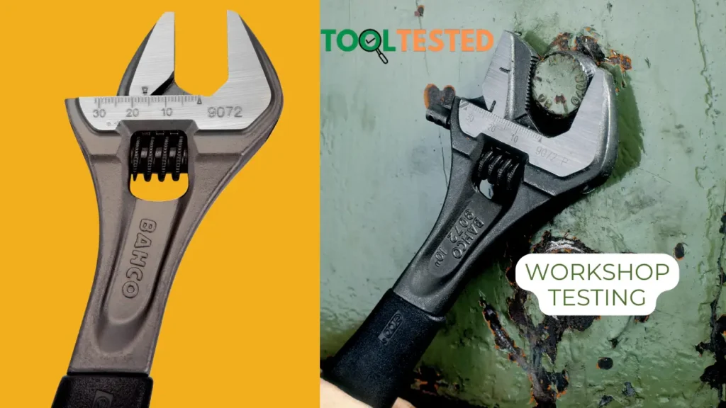 Bahco Adjustable Wrench being tested in a workshop setting, showing the scale and design, Tool Tested logo visible.