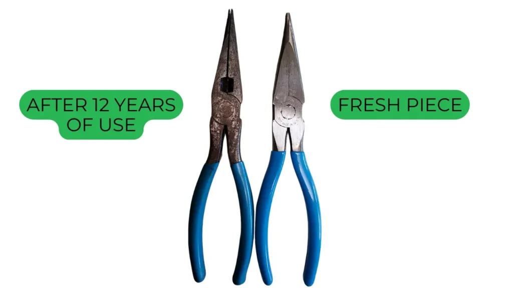 Comparison of Channellock Needle Nose Pliers after 12 years of use vs. a fresh, new pair, highlighting durability and longevity.