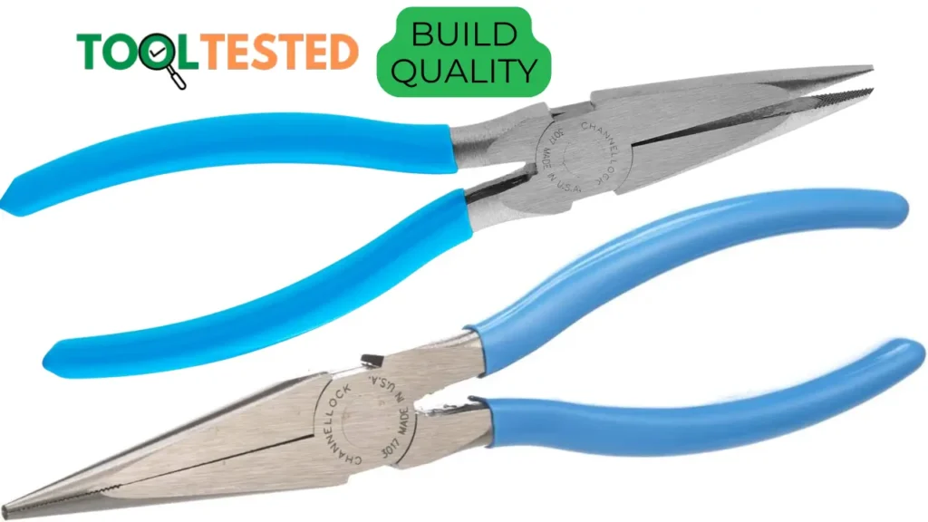 Tool Tested review: Detailed look at the build quality of Channellock Needle Nose Pliers, highlighting their robust construction and CHANNELLOCK BLUE® handles.