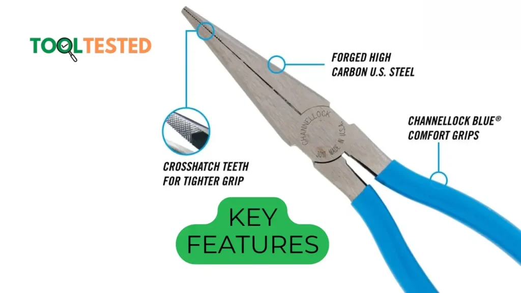 Tool Tested review: Exploring the key features of Channellock Needle Nose Pliers, including high-carbon steel construction, crosshatch teeth, and CHANNELLOCK BLUE® grips.