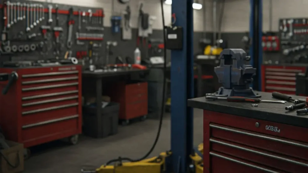 Garage workshop with tools and equipment, featuring red tool chests, a blue automotive lift post, and a variety of hand tools and equipment organized on wall panels and work surfaces.