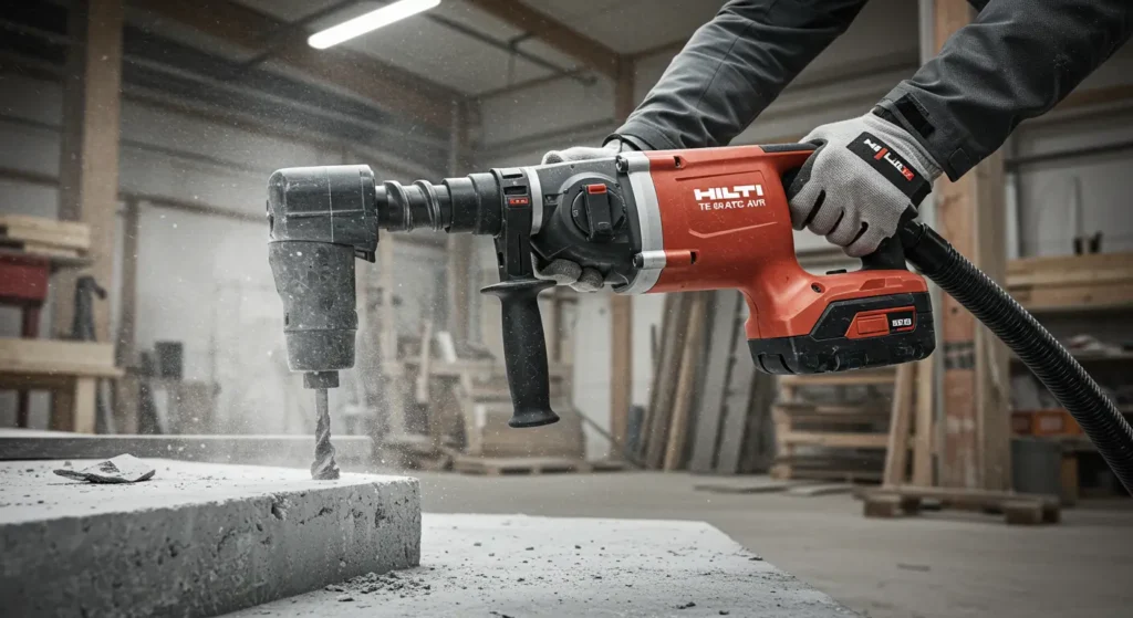 Hilti TE 60-ATC-AVR Rotary Hammer Review with TE DRS-Y dust removal system in operation, demonstrating dust extraction efficiency for Tool Tested.