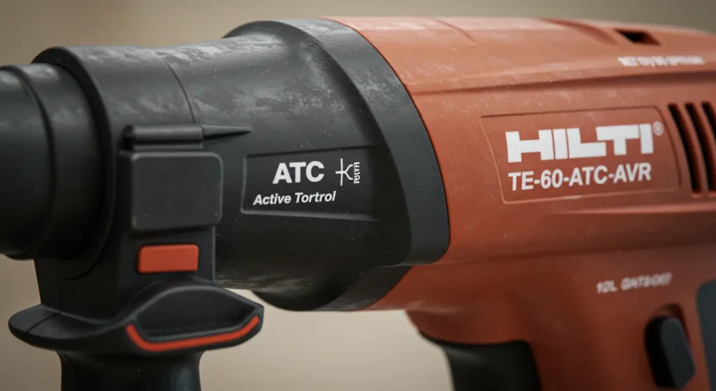 Close-up of Hilti TE 60-ATC-AVR Rotary Hammer Review showcasing ATC and AVR safety feature markings on Tool Tested.