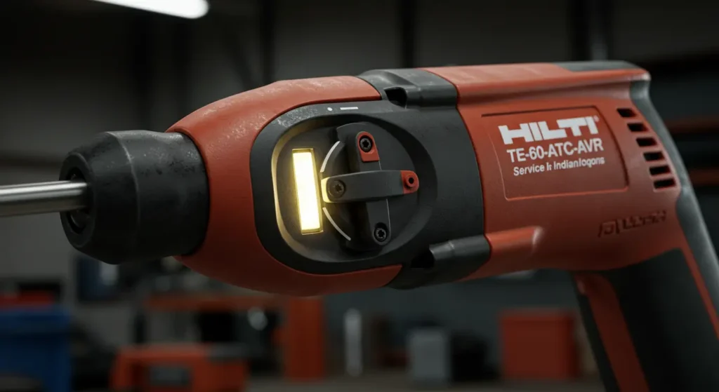 Close-up of the Hilti TE 60-ATC-AVR Rotary Hammer Review service indicator LED, highlighting its smart maintenance feature on Tool Tested.