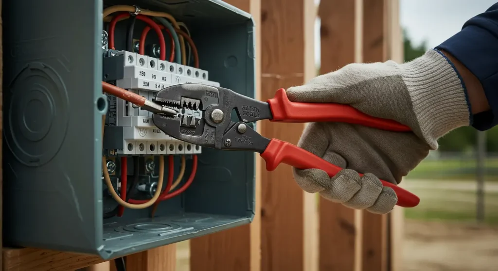 Electrician using Klein Tools Crimping Pliers in a real-world job site scenario for a Tool Tested review of their performance.