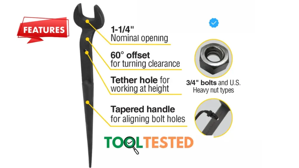 Explore the key features of the Klein Tools Spud Wrench, including jaw opening, offset handle, tether hole, and tapered end –  detailed by Tool Tested.