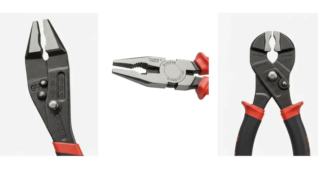 Material analysis of Klein Tools Crimping Pliers for Tool Tested review, showing forged steel, hardened blades, and comfort grips.