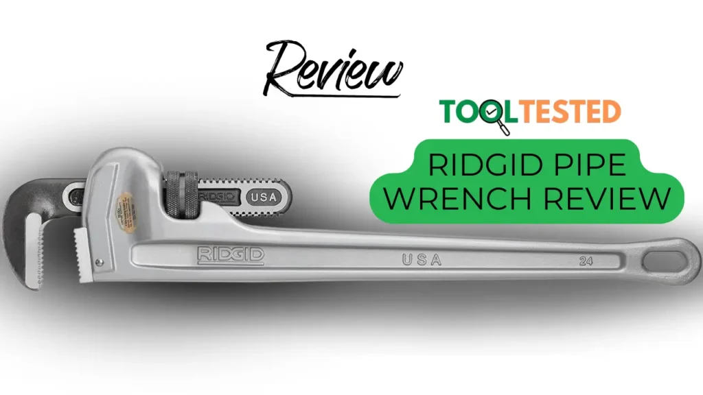 A high-quality RIDGID pipe wrench showcased on a professional plumbing tool website, Tool Tested.