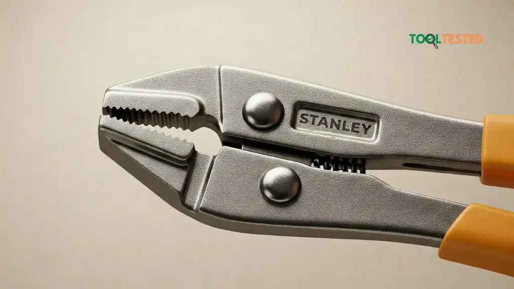 Close-up view of the adjustable joint on Stanley slip-joint pliers, demonstrating their ability to grip various sizes of objects.