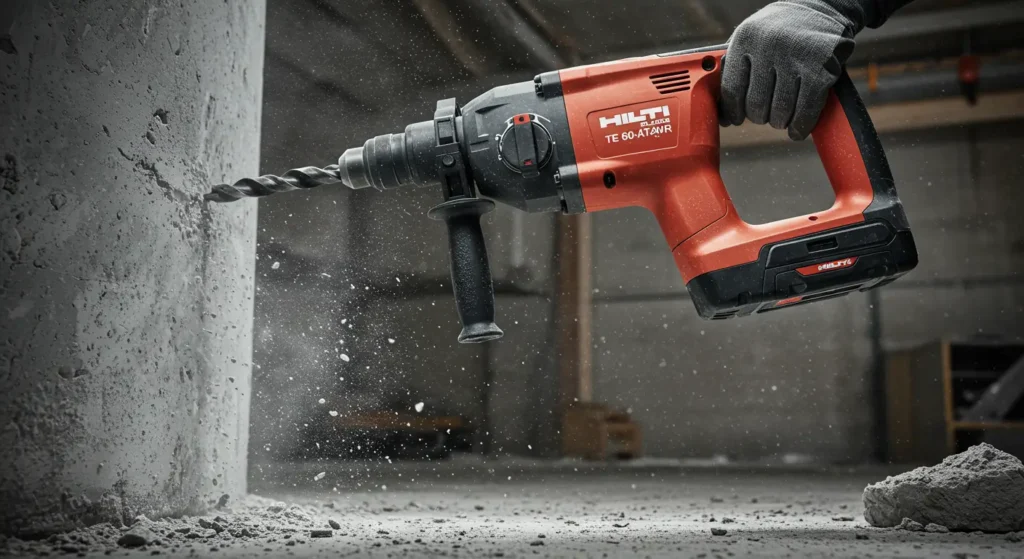 Action shot of Hilti TE 60-ATC-AVR Rotary Hammer Review drilling concrete in a job site test for Tool Tested.