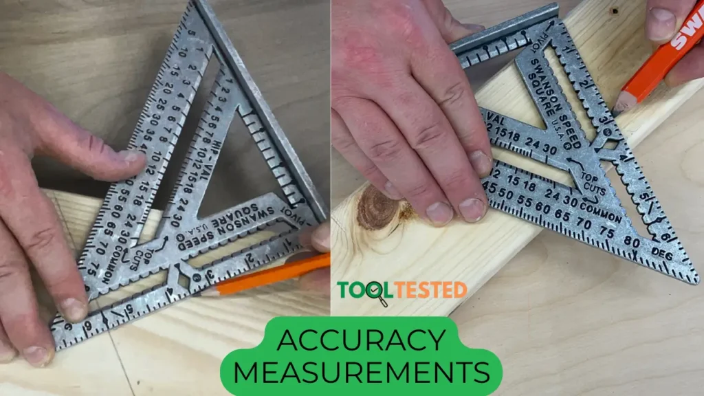 Hands using the Swanson Speed Square to mark wood for cutting, as demonstrated on Tool Tested.