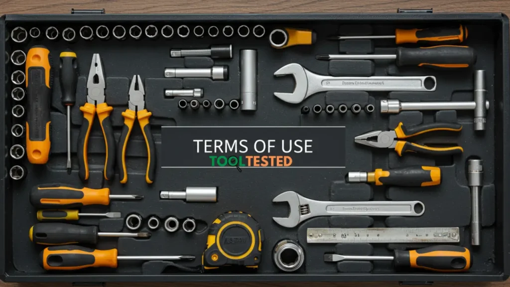 Organized toolbox header image for Tool Tested Terms of Use page. This meticulously arranged toolbox visually represents the structured and reliable nature of Tool Tested's website rules and user agreement.