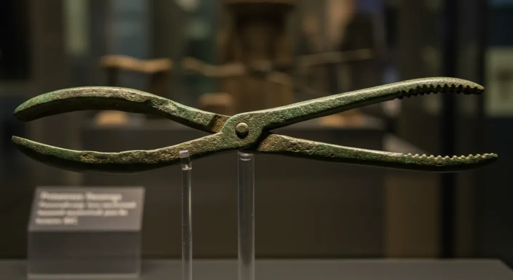 Image of ancient bronze tongs, the historical predecessor to slip-joint pliers, discussed on Tool Tested in 16:9 ratio.