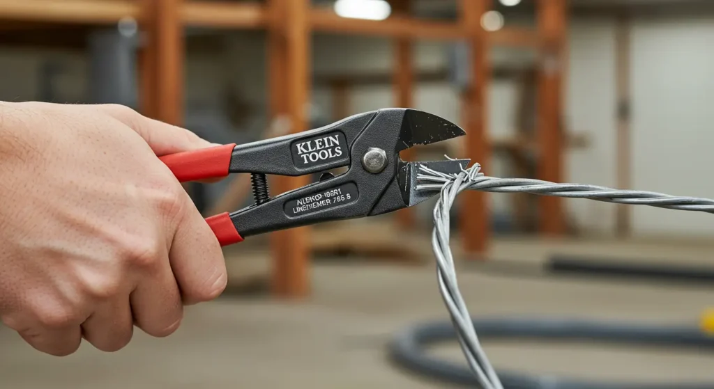 Klein Tools Lineman's Pliers effortlessly cutting through thick ACSR wire, demonstrating powerful cutting performance as reviewed by Tool Tested.