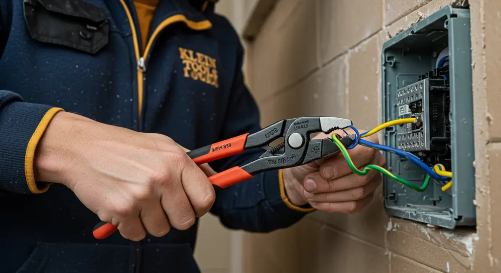 Professional electrician using Klein Tools Lineman's Pliers for wire manipulation in electrical work, showcasing versatility in Tool Tested review.