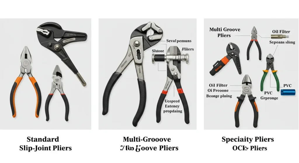 Visual comparison of different types of slip-joint pliers: Standard, Multi-Groove, and Specialty models, in this guide from Tool Tested, in 16:9 ratio.