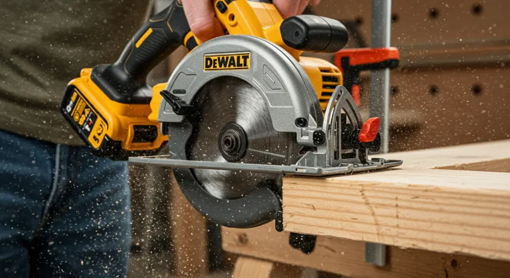 The DeWalt circular saw performing a crosscut on a standard 2x4 piece of lumber.