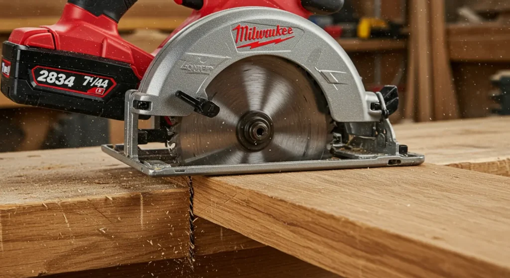 The Milwaukee circular saw making a clean cut through a piece of oak hardwood.