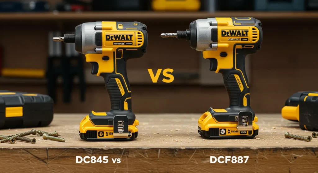 Size comparison of DEWALT DCF845 and DCF887 Impact Drivers. Notice the more compact size of the DCF845 – reviewed on Tool Tested.