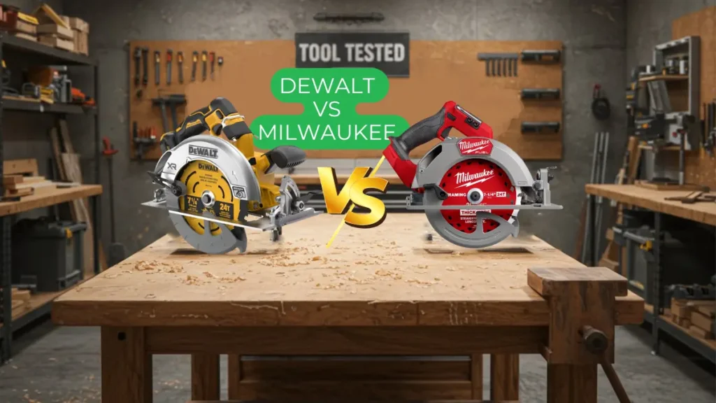 DeWalt DCS590 vs. Milwaukee 2834 - My Hands-On Test: cordless circular saw comparison on a workbench. Tool Tested.