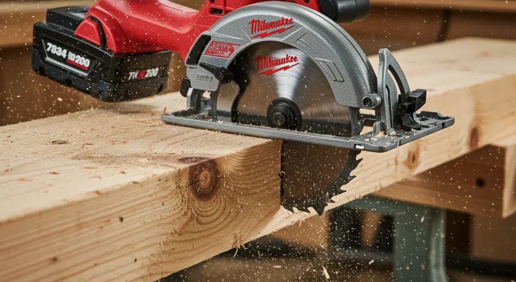 The Milwaukee circular saw effortlessly cutting through a knot in a piece of lumber.