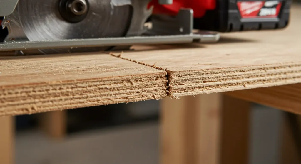 A close-up of a piece of plywood showing the relatively splinter-free cut achieved by the Milwaukee saw.