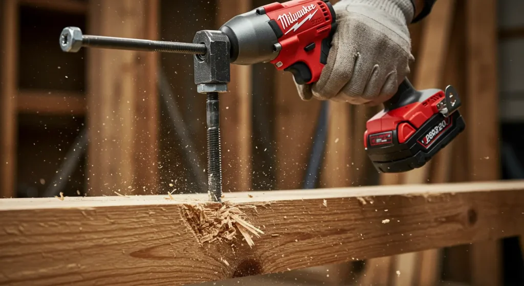 Milwaukee 2853-20 impact driver power demonstration. Driving a large lag bolt into hardwood to showcase its high torque - Tool Tested.