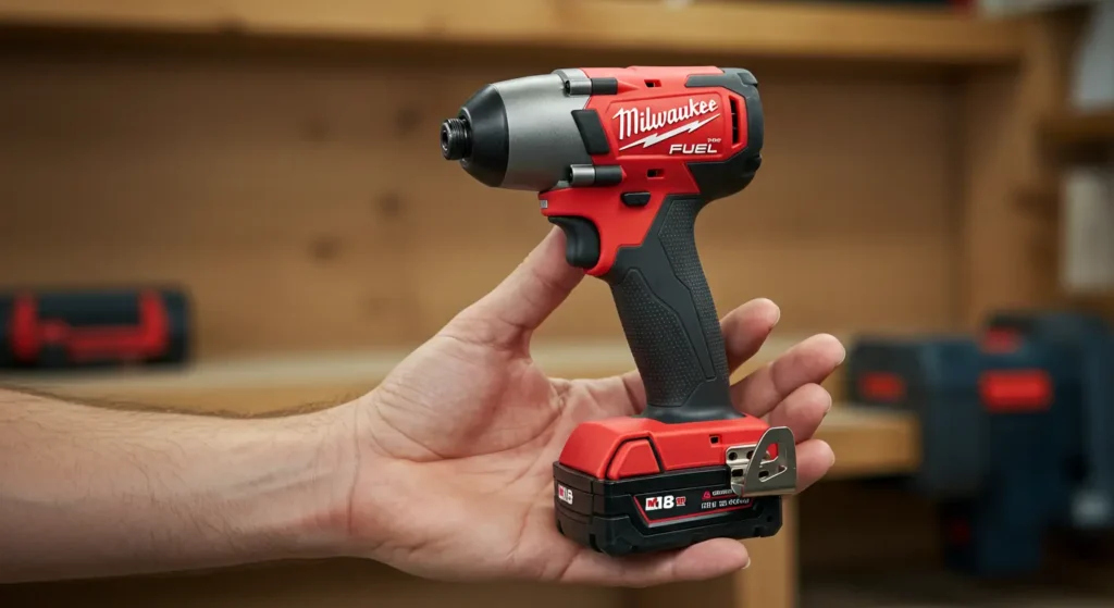 Milwaukee 2853-20 impact driver size comparison. Tool held in a hand to demonstrate its compact size - Tool Tested.