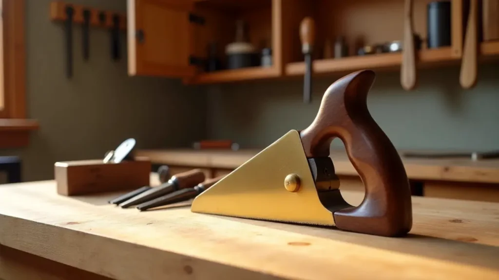 A close-up of a high-quality hand plane on a wooden workbench, surrounded by other woodworking hand tools. A beginner's step-by-step guide from Tool Tested.