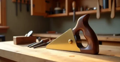 A close-up of a high-quality hand plane on a wooden workbench, surrounded by other woodworking hand tools. A beginner's step-by-step guide from Tool Tested.