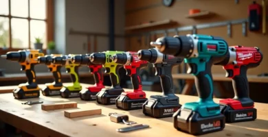 A lineup of the 7 best cordless drills from top brands like DeWalt, Milwaukee, and Flex, arranged on a workbench for a lab-tested review by Tool Tested.