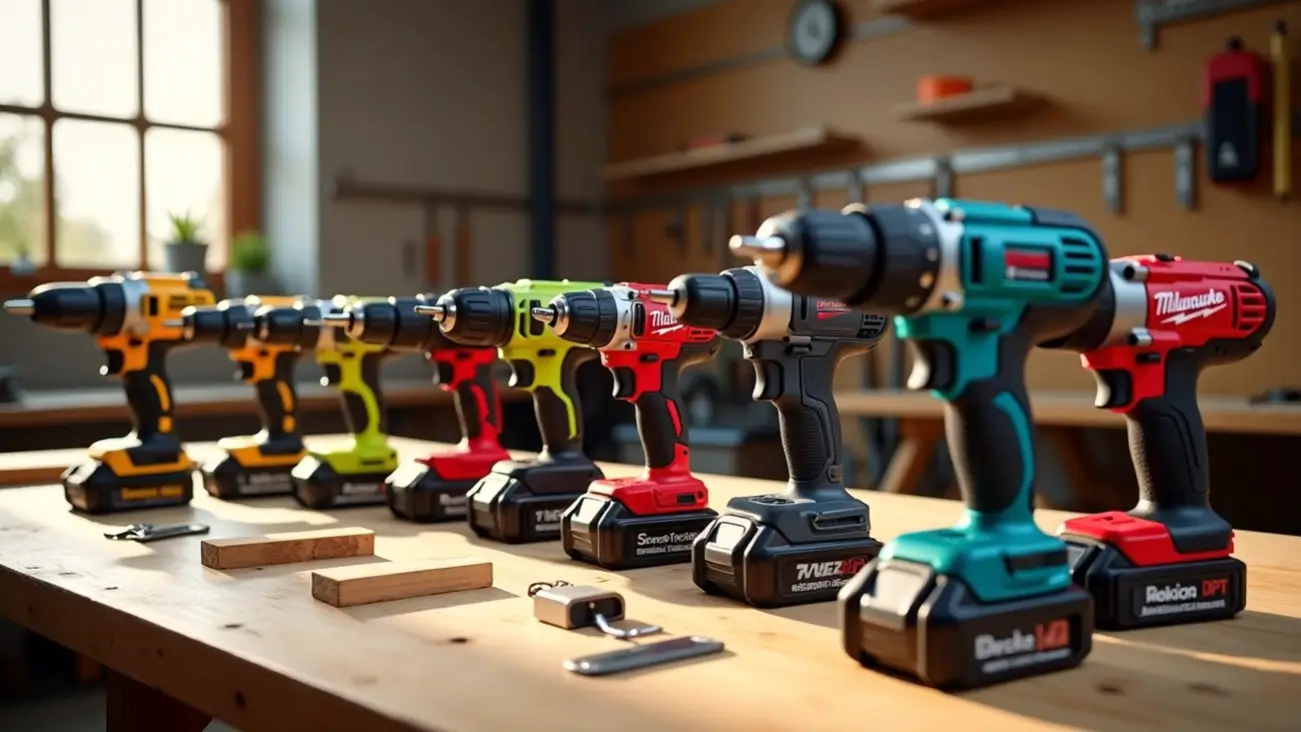 A lineup of the 7 best cordless drills from top brands like DeWalt, Milwaukee, and Flex, arranged on a workbench for a lab-tested review by Tool Tested.