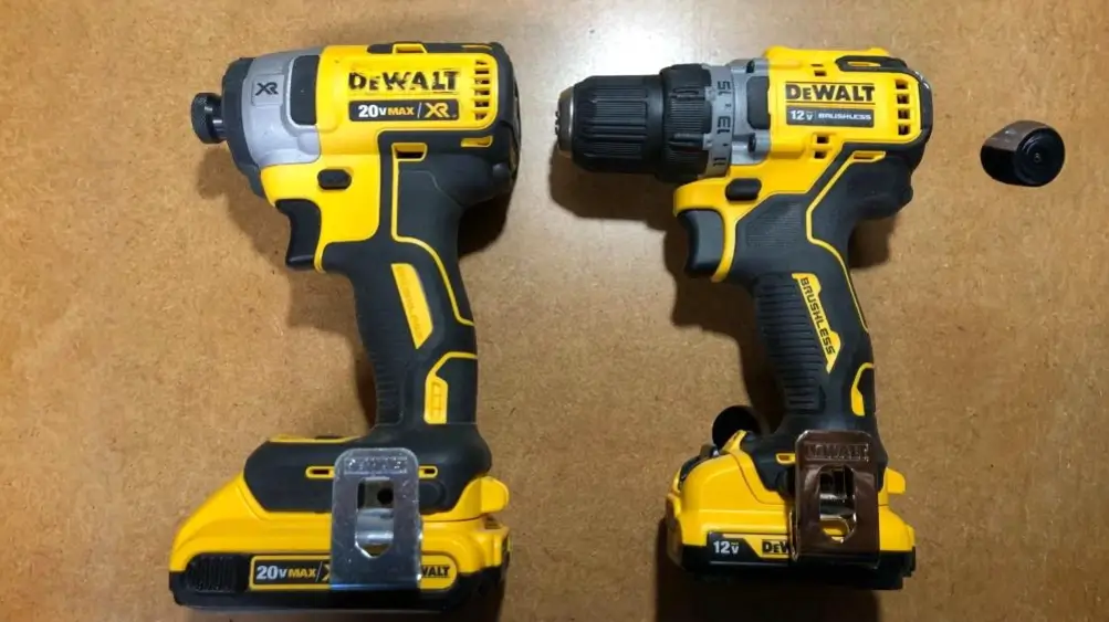 A side-by-side comparison of the compact DeWalt 12V Max drill and the more powerful DeWalt 20V Max XR impact driver, showcasing their size and design differences.