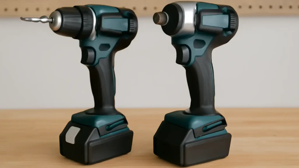 A side-by-side comparison showing the difference in size and design between an impact driver and a drill. Tool Tested