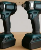 A side-by-side comparison showing the difference in size and design between an impact driver and a drill. Tool Tested