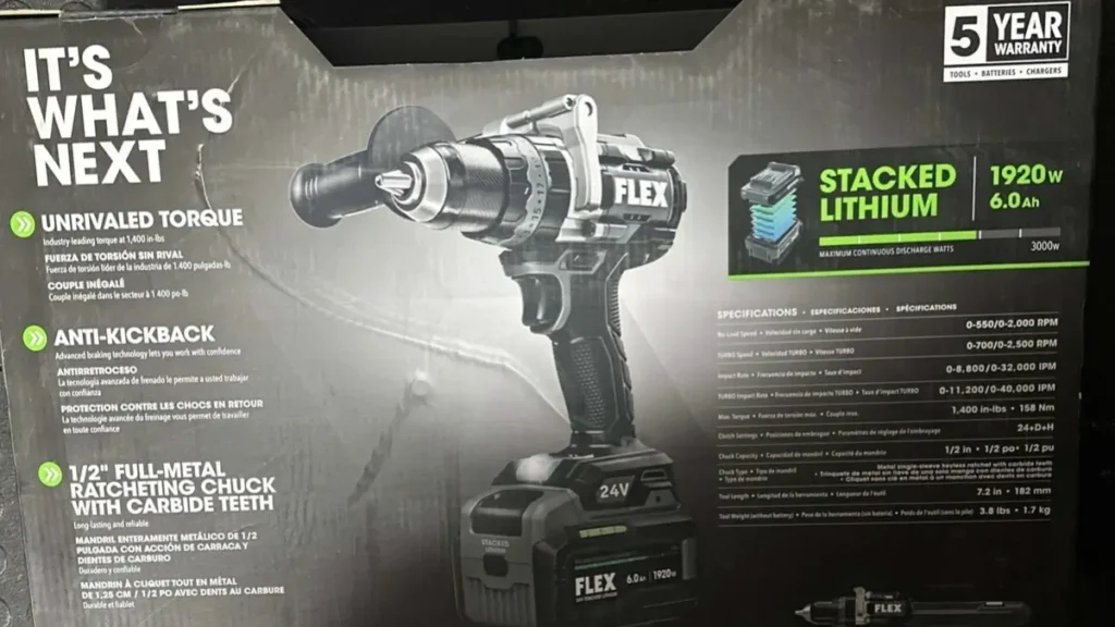 A close-up shot of the Flex FX1271T 24V Brushless Hammer Drill packaging, showcasing its key features and powerful Stacked Lithium battery.