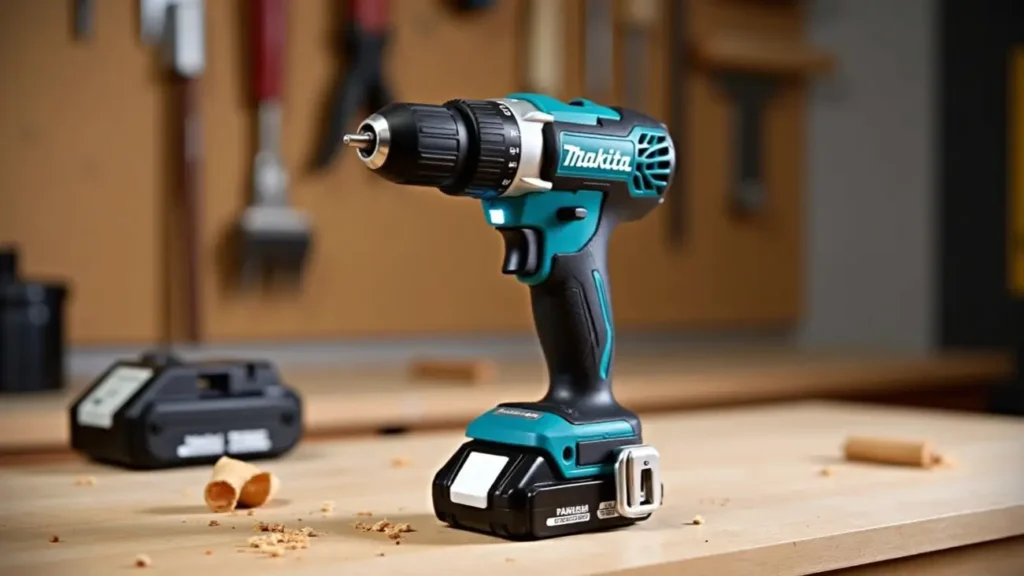 A Makita XFD131 brushless drill with a battery on a wooden workbench, with wood shavings nearby. The image highlights the compact design of the cordless tool. Tested on tool tested.