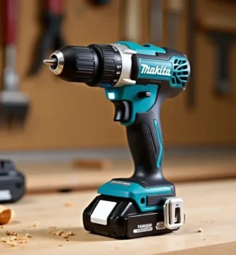 A Makita XFD131 brushless drill with a battery on a wooden workbench, with wood shavings nearby. The image highlights the compact design of the cordless tool. Tested on tool tested.