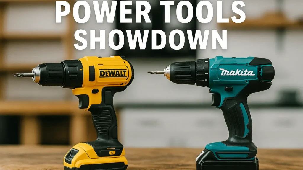 A side-by-side view of a yellow DeWalt cordless drill and a teal Makita cordless drill on a wooden surface. Power Tools Showdown by Tool Tested.