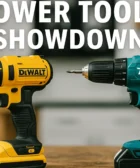 A side-by-side view of a yellow DeWalt cordless drill and a teal Makita cordless drill on a wooden surface. Power Tools Showdown by Tool Tested.