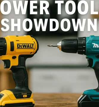 A side-by-side view of a yellow DeWalt cordless drill and a teal Makita cordless drill on a wooden surface. Power Tools Showdown by Tool Tested.