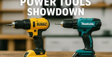 A side-by-side view of a yellow DeWalt cordless drill and a teal Makita cordless drill on a wooden surface. Power Tools Showdown by Tool Tested.