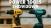 A side-by-side view of a yellow DeWalt cordless drill and a teal Makita cordless drill on a wooden surface. Power Tools Showdown by Tool Tested.