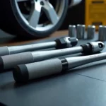 A close-up shot of three different torque wrenches laid out on a table, ready for a test in a workshop for a review of the best torque wrench in 2025.