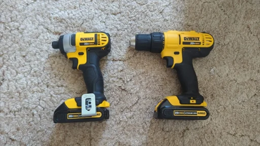 A DeWalt impact driver and drill side-by-side, illustrating the differences in budget vs premium power tools.