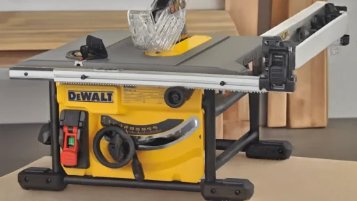A DeWalt portable table saw, highlighting a key tool in the budget vs premium power tools discussion for precision tasks.