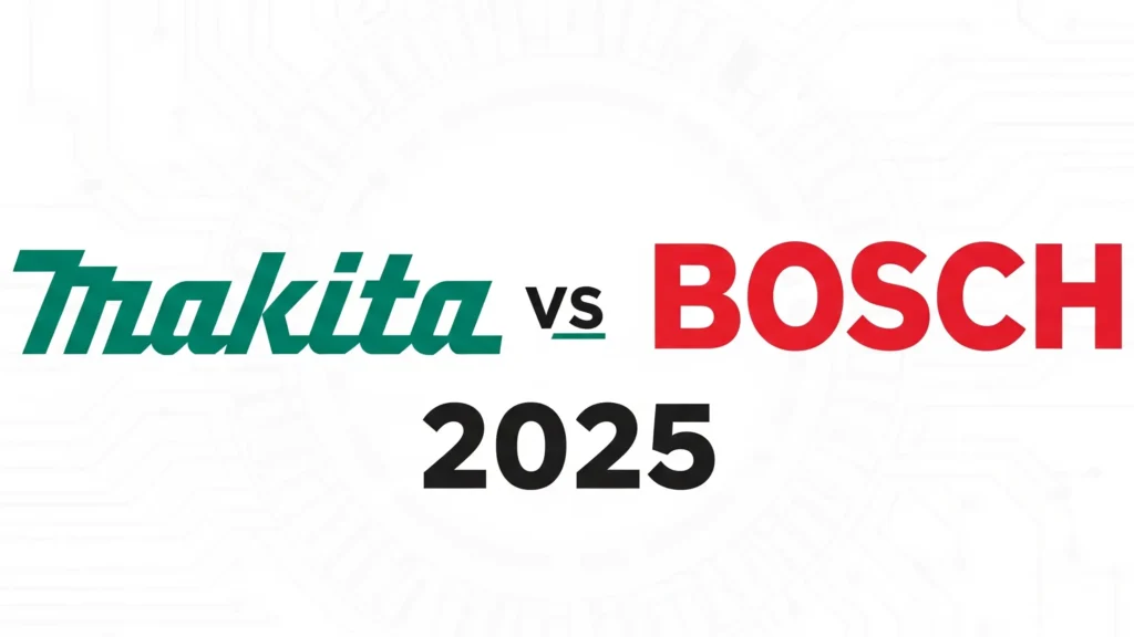 A graphic with the text "Makita and Bosch" and "2025" on a gray background, representing a comparison of the two power tool brands.