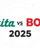 A graphic with the text "Makita and Bosch" and "2025" on a gray background, representing a comparison of the two power tool brands.